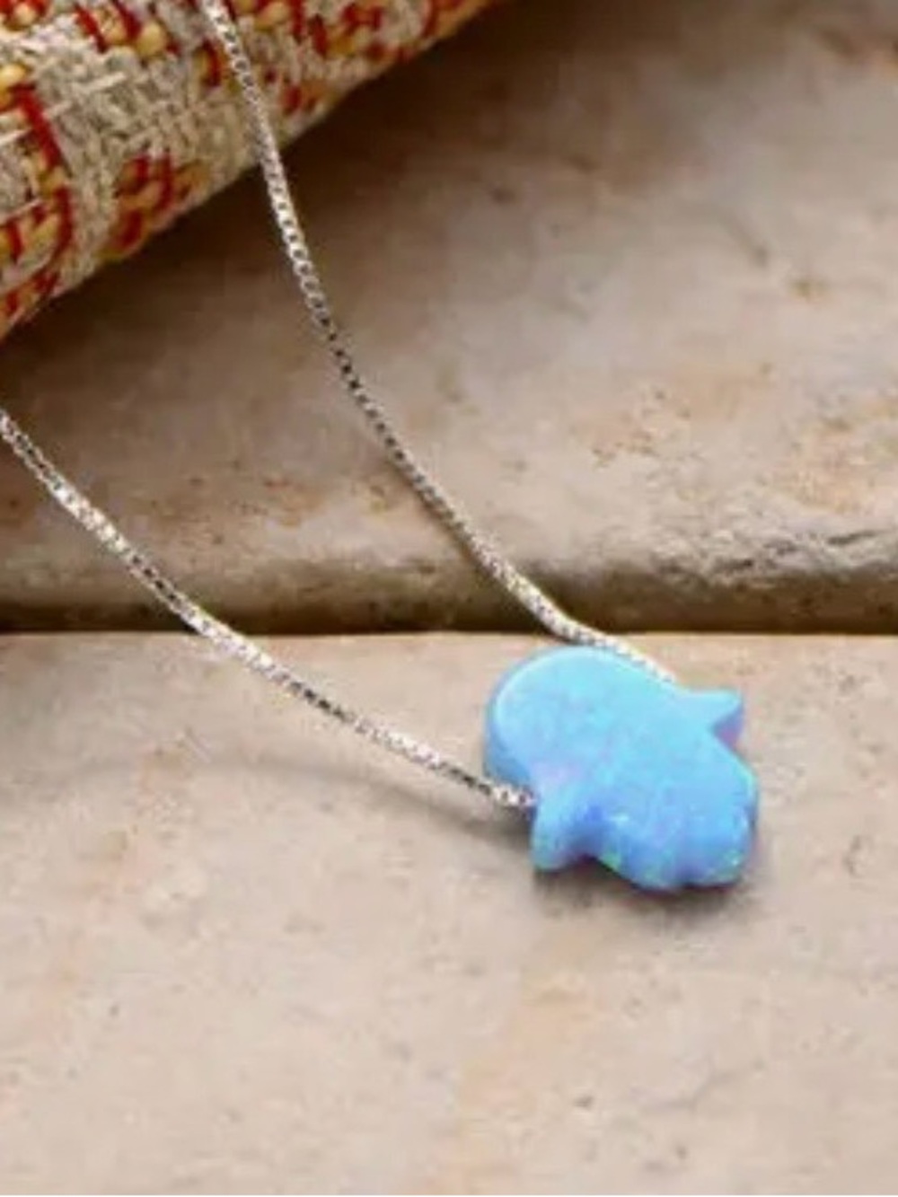 Anthropologie Silver Hamsa Necklace with Blue Opal Charm